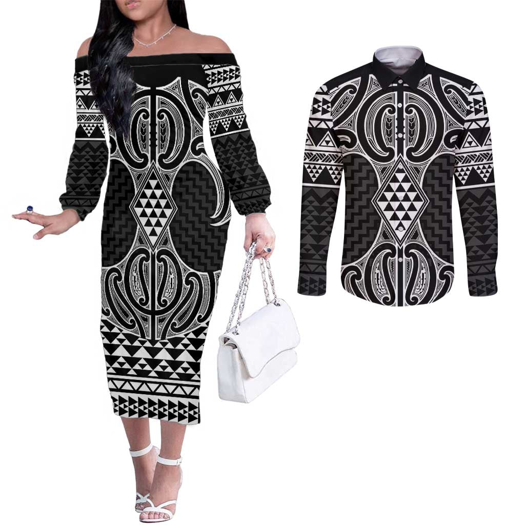 Ma Maori Ta Moko Poutama Art Couples Matching Off The Shoulder Long Sleeve Dress and Long Sleeve Button Shirt LT9 White - Polynesian Pride