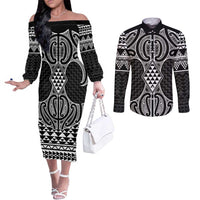 Ma Maori Ta Moko Poutama Art Couples Matching Off The Shoulder Long Sleeve Dress and Long Sleeve Button Shirt LT9 White - Polynesian Pride