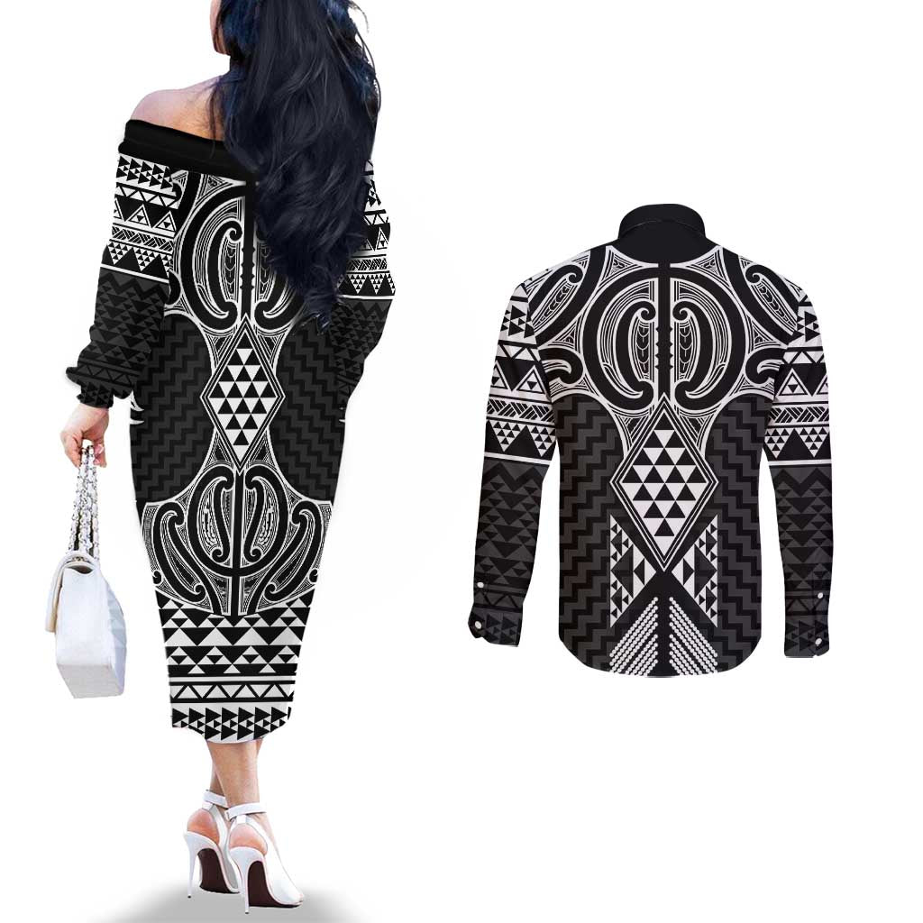 Ma Maori Ta Moko Poutama Art Couples Matching Off The Shoulder Long Sleeve Dress and Long Sleeve Button Shirt LT9 - Polynesian Pride