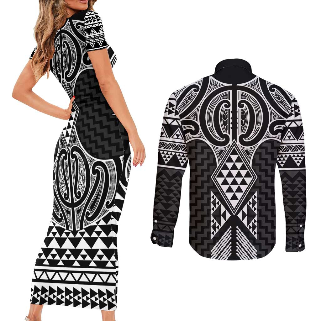 Ma Maori Ta Moko Poutama Art Couples Matching Short Sleeve Bodycon Dress and Long Sleeve Button Shirt LT9 - Polynesian Pride