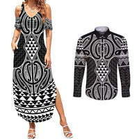 Ma Maori Ta Moko Poutama Art Couples Matching Summer Maxi Dress and Long Sleeve Button Shirt LT9 White - Polynesian Pride