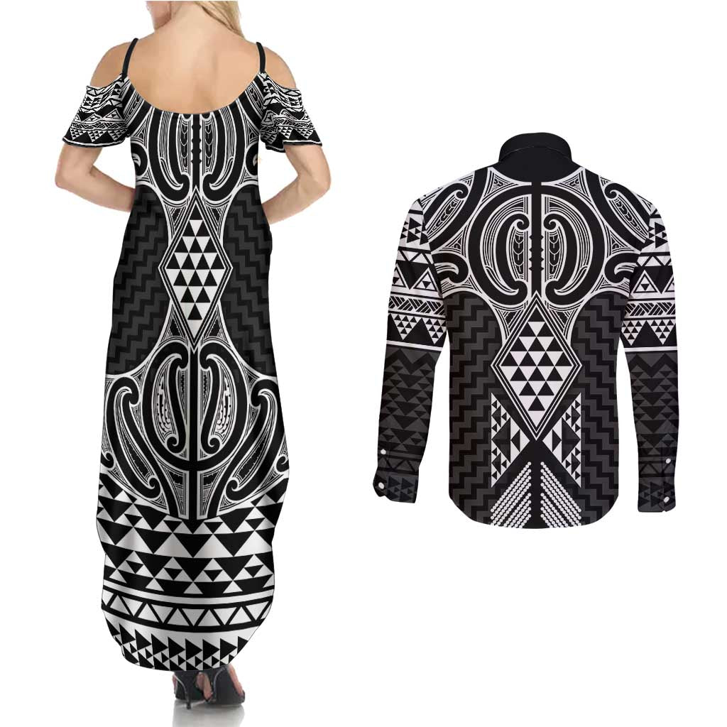 Ma Maori Ta Moko Poutama Art Couples Matching Summer Maxi Dress and Long Sleeve Button Shirt LT9 - Polynesian Pride