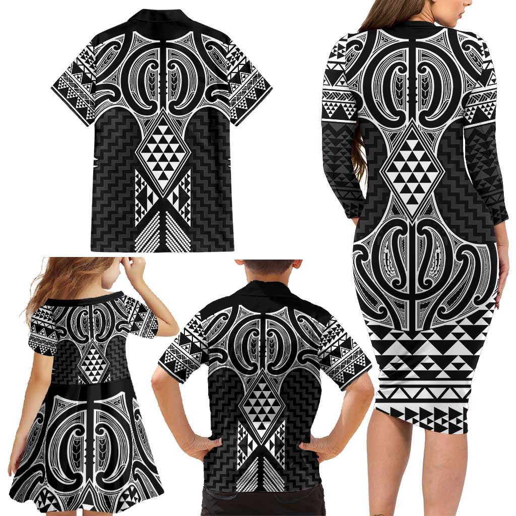 Ma Maori Ta Moko Poutama Art Family Matching Long Sleeve Bodycon Dress and Hawaiian Shirt LT9 - Polynesian Pride