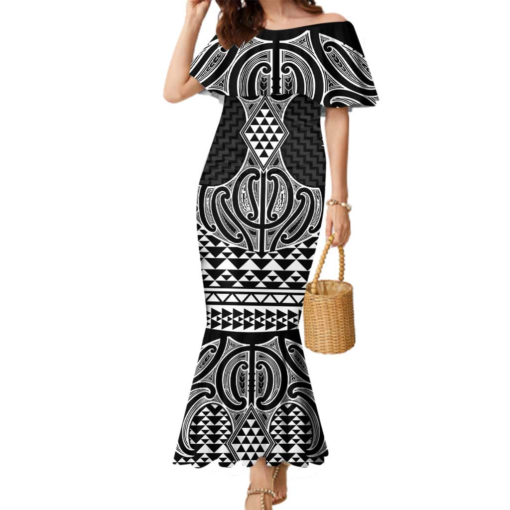 Ma Maori Ta Moko Poutama Art Family Matching Mermaid Dress and Hawaiian Shirt LT9 Mom's Dress White - Polynesian Pride
