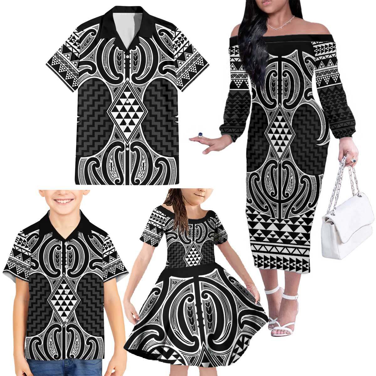 Ma Maori Ta Moko Poutama Art Family Matching Off The Shoulder Long Sleeve Dress and Hawaiian Shirt