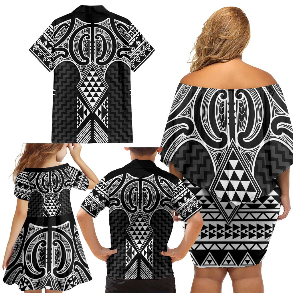 Ma Maori Ta Moko Poutama Art Family Matching Off Shoulder Short Dress and Hawaiian Shirt