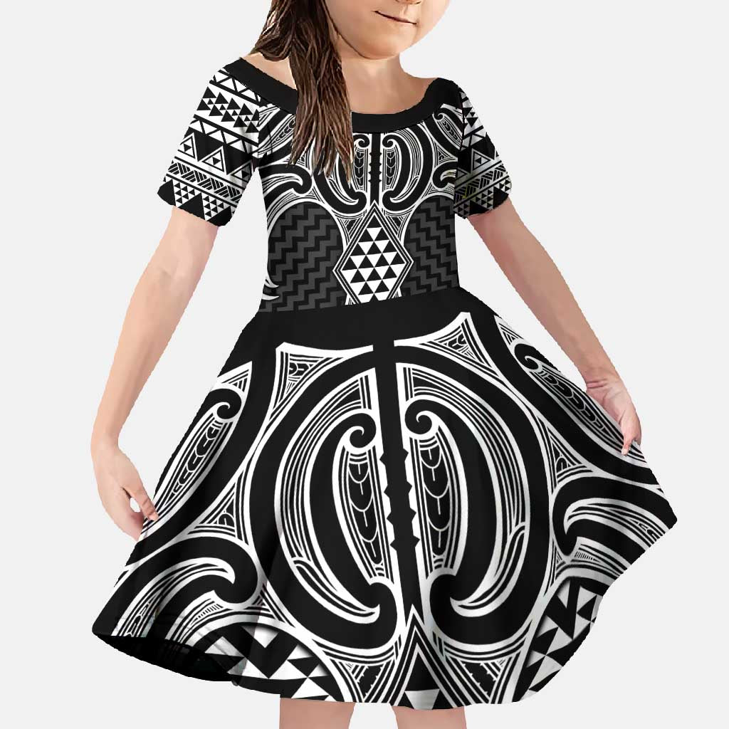 Ma Maori Ta Moko Poutama Art Family Matching Tank Maxi Dress and Hawaiian Shirt LT9 Daughter's Dress White - Polynesian Pride