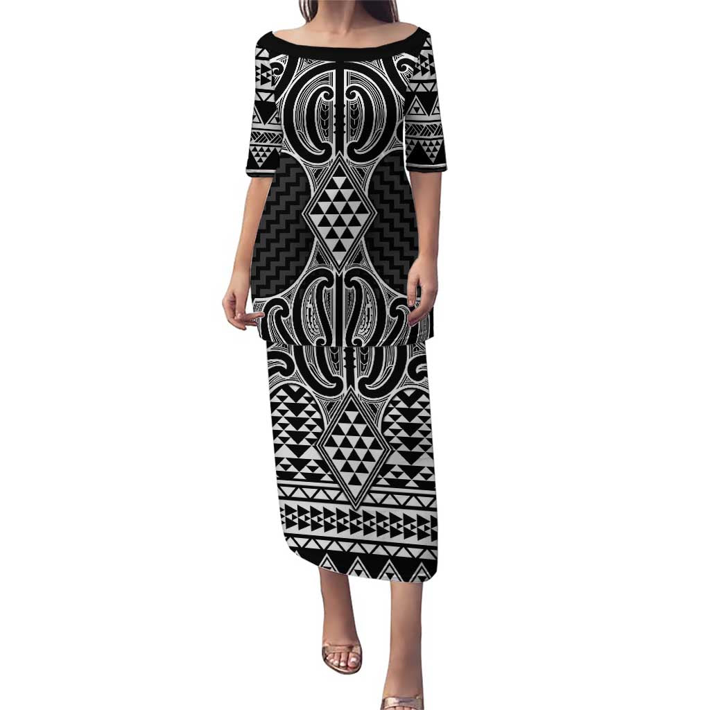 Ma Maori Ta Moko Poutama Art Puletasi LT9 Long Dress White - Polynesian Pride