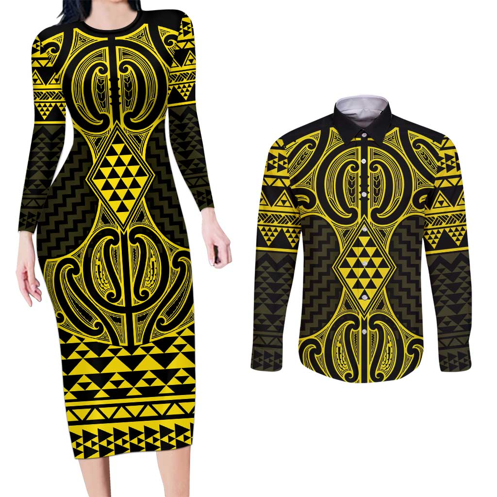 Mahi-dawg Maori Ta Moko Poutama Art Couples Matching Long Sleeve Bodycon Dress and Long Sleeve Button Shirt LT9 Yellow - Polynesian Pride
