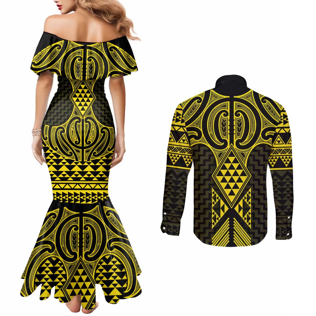 Mahi-dawg Maori Ta Moko Poutama Art Couples Matching Mermaid Dress and Long Sleeve Button Shirt LT9 - Polynesian Pride