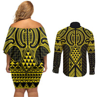 Mahi-dawg Maori Ta Moko Poutama Art Couples Matching Off Shoulder Short Dress and Long Sleeve Button Shirt LT9 - Polynesian Pride