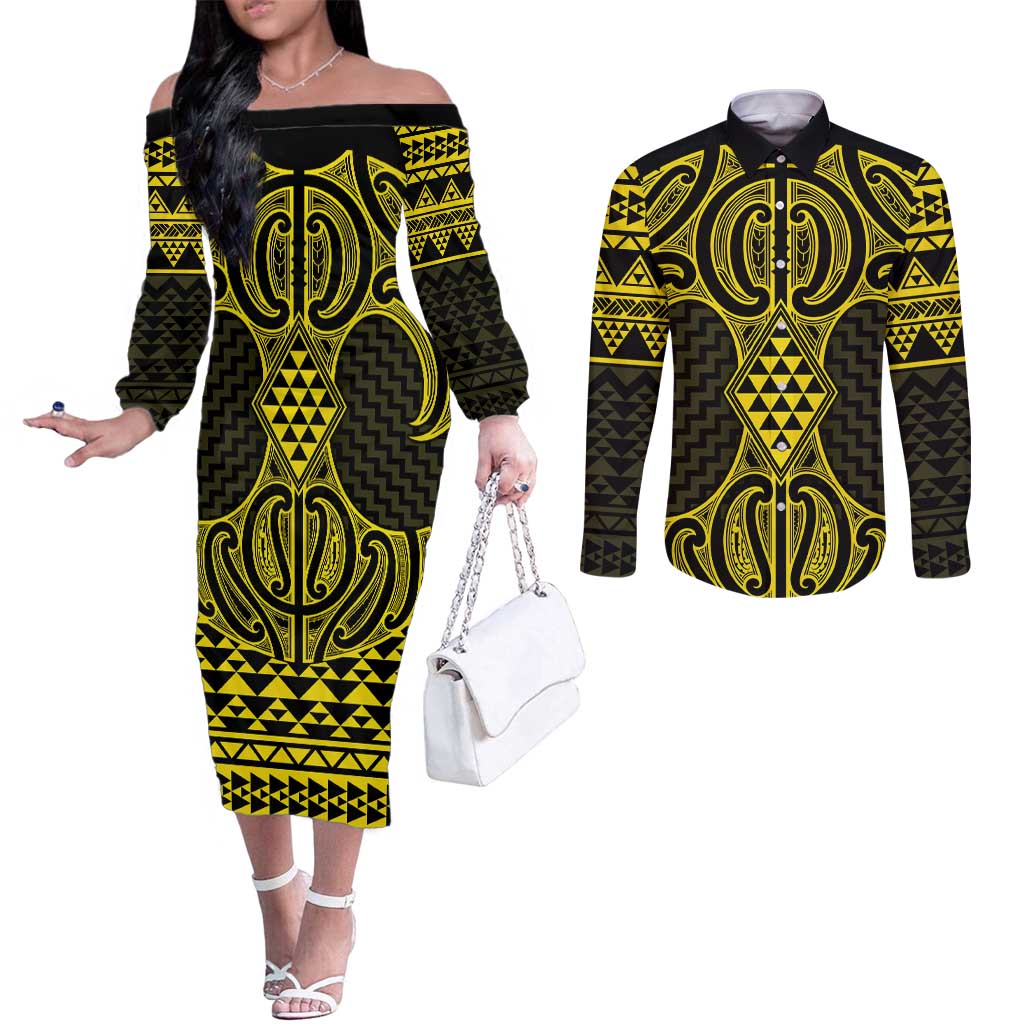 Mahi-dawg Maori Ta Moko Poutama Art Couples Matching Off The Shoulder Long Sleeve Dress and Long Sleeve Button Shirt LT9 Yellow - Polynesian Pride
