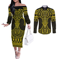 Mahi-dawg Maori Ta Moko Poutama Art Couples Matching Off The Shoulder Long Sleeve Dress and Long Sleeve Button Shirt LT9 Yellow - Polynesian Pride