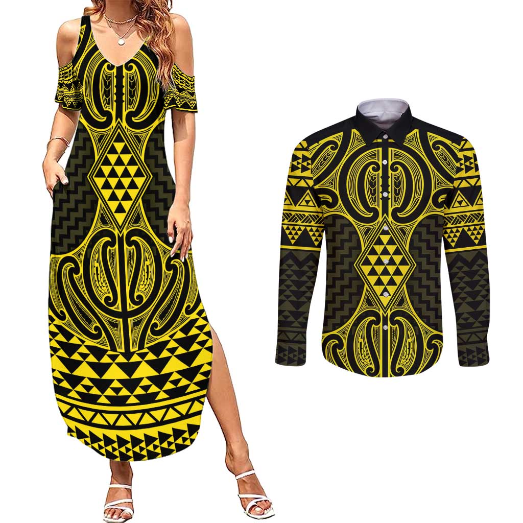 Mahi-dawg Maori Ta Moko Poutama Art Couples Matching Summer Maxi Dress and Long Sleeve Button Shirt LT9 Yellow - Polynesian Pride