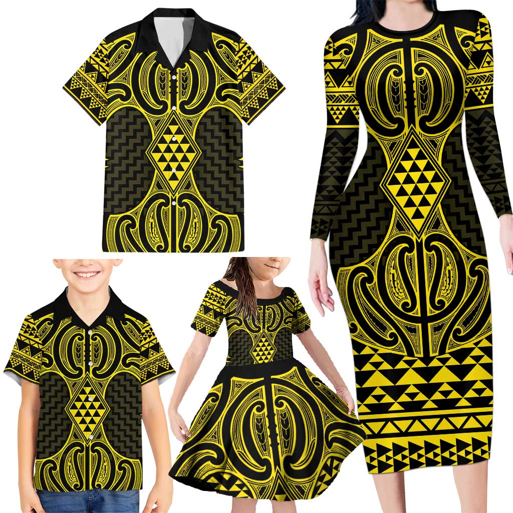 Mahi-dawg Maori Ta Moko Poutama Art Family Matching Long Sleeve Bodycon Dress and Hawaiian Shirt LT9 - Polynesian Pride