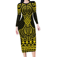 Mahi-dawg Maori Ta Moko Poutama Art Family Matching Long Sleeve Bodycon Dress and Hawaiian Shirt LT9 Mom's Dress Yellow - Polynesian Pride