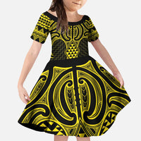 Mahi-dawg Maori Ta Moko Poutama Art Family Matching Mermaid Dress and Hawaiian Shirt LT9 Daughter's Dress Yellow - Polynesian Pride