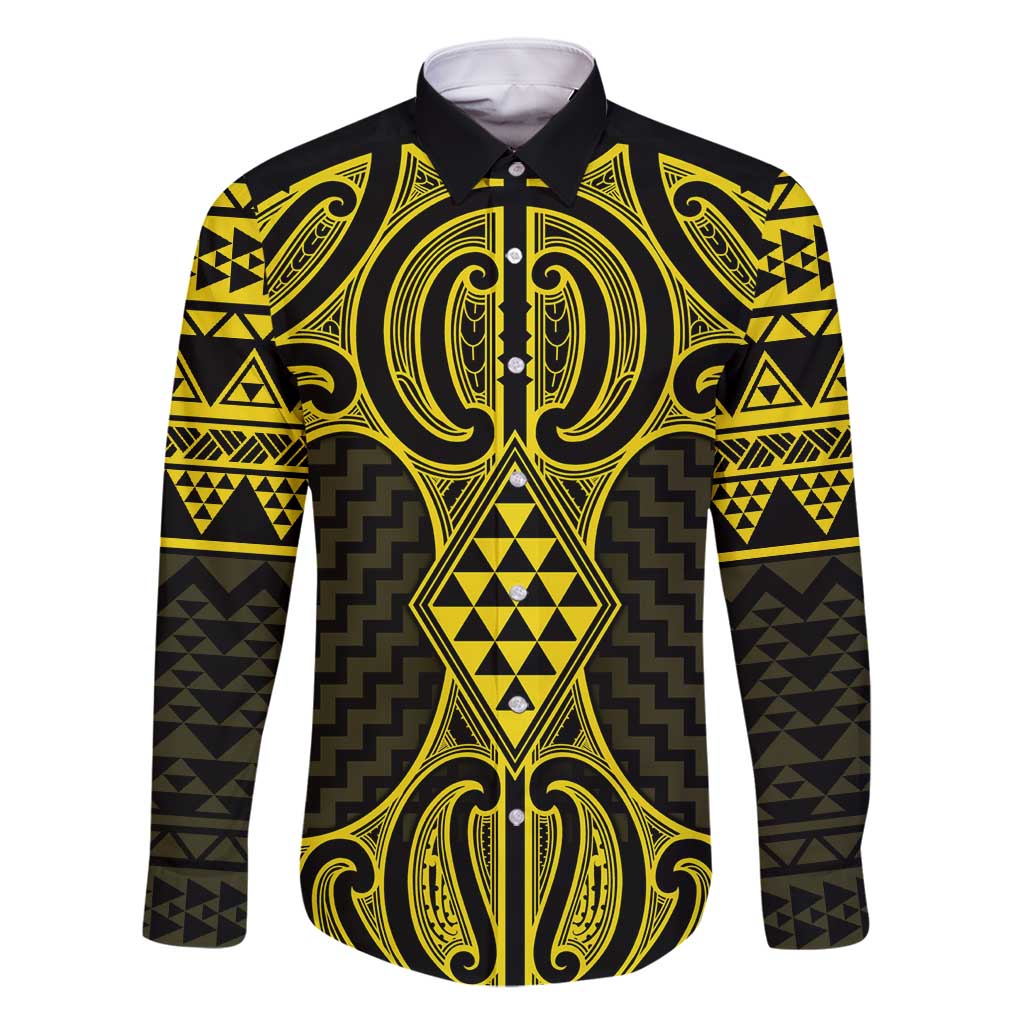 Mahi-dawg Maori Ta Moko Poutama Art Family Matching Mermaid Dress and Hawaiian Shirt LT9 Dad's Shirt - Long Sleeve Yellow - Polynesian Pride
