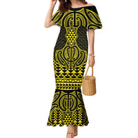 Mahi-dawg Maori Ta Moko Poutama Art Family Matching Mermaid Dress and Hawaiian Shirt LT9 Mom's Dress Yellow - Polynesian Pride
