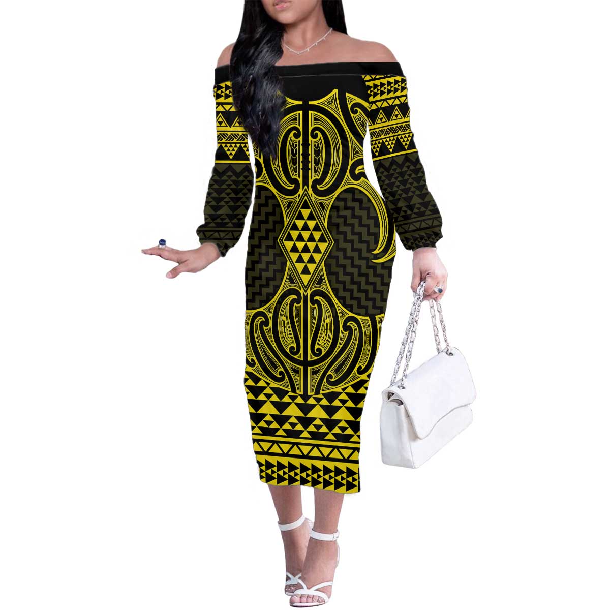 Mahi-dawg Maori Ta Moko Poutama Art Family Matching Off The Shoulder Long Sleeve Dress and Hawaiian Shirt