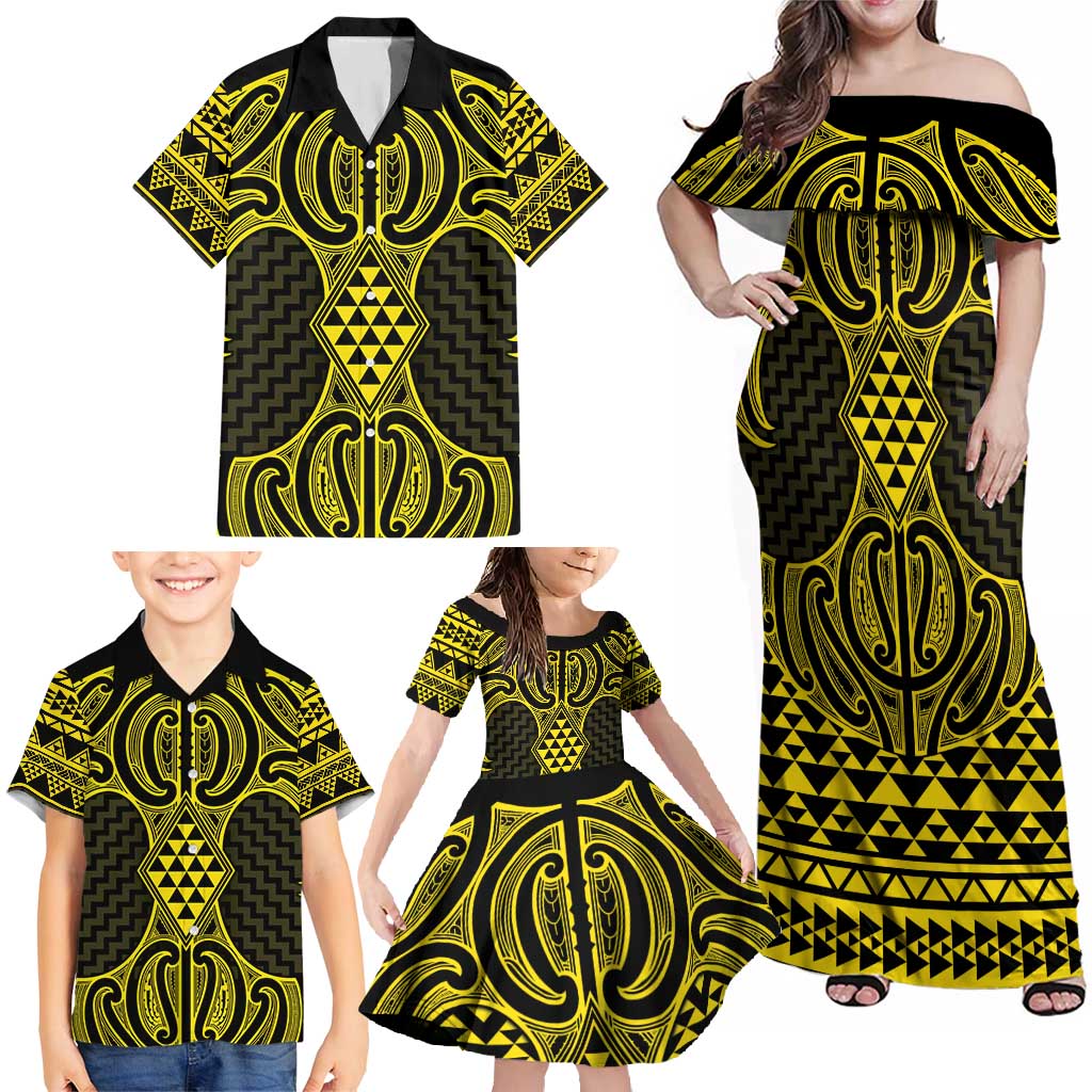 Mahi-dawg Maori Ta Moko Poutama Art Family Matching Off Shoulder Maxi Dress and Hawaiian Shirt