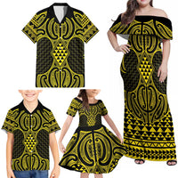 Mahi-dawg Maori Ta Moko Poutama Art Family Matching Off Shoulder Maxi Dress and Hawaiian Shirt