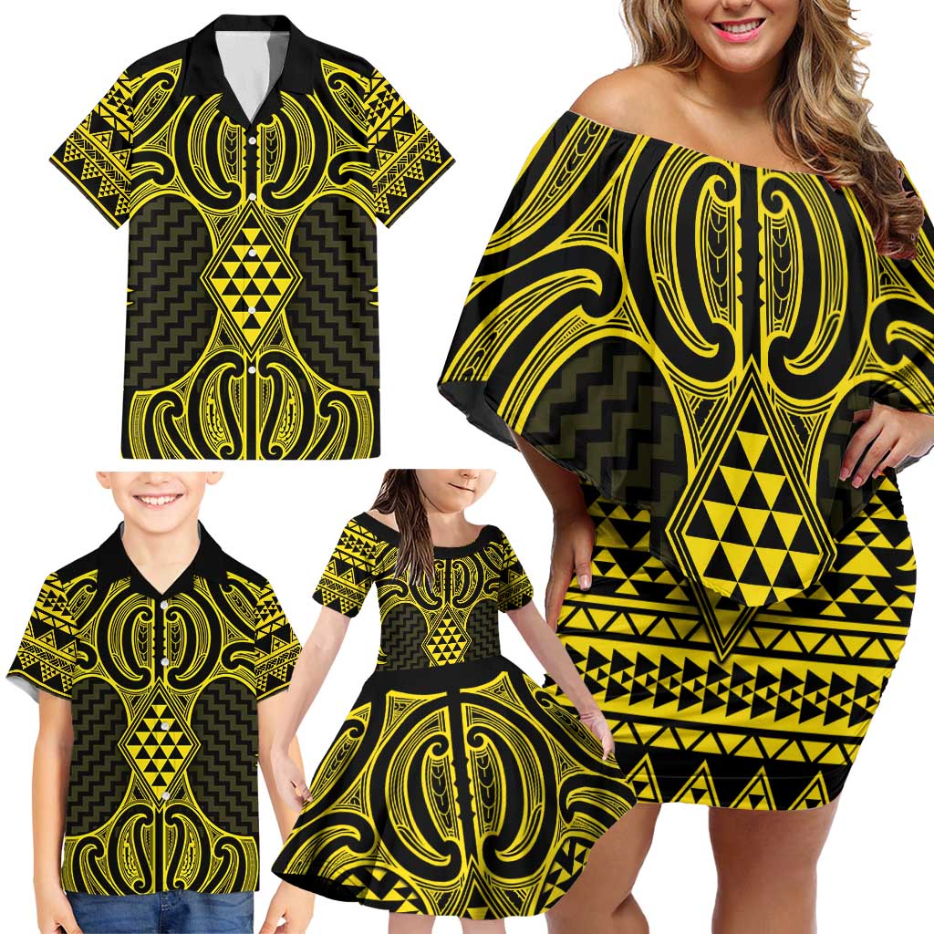 Mahi-dawg Maori Ta Moko Poutama Art Family Matching Off Shoulder Short Dress and Hawaiian Shirt