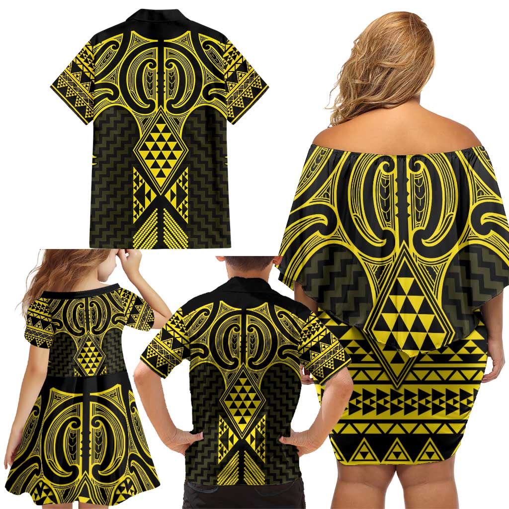 Mahi-dawg Maori Ta Moko Poutama Art Family Matching Off Shoulder Short Dress and Hawaiian Shirt