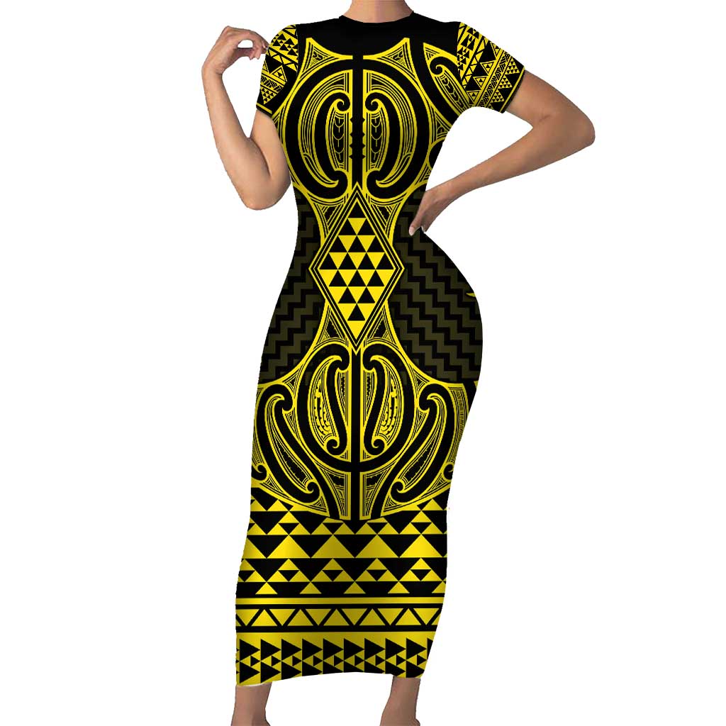 Mahi-dawg Maori Ta Moko Poutama Art Family Matching Short Sleeve Bodycon Dress and Hawaiian Shirt LT9 Mom's Dress Yellow - Polynesian Pride