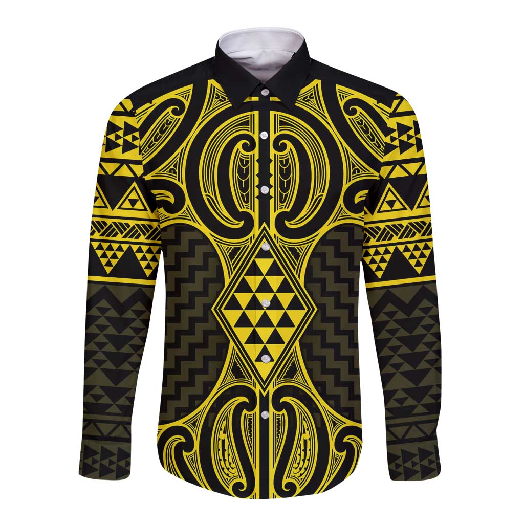 Mahi-dawg Maori Ta Moko Poutama Art Long Sleeve Button Shirt LT9 Unisex Yellow - Polynesian Pride