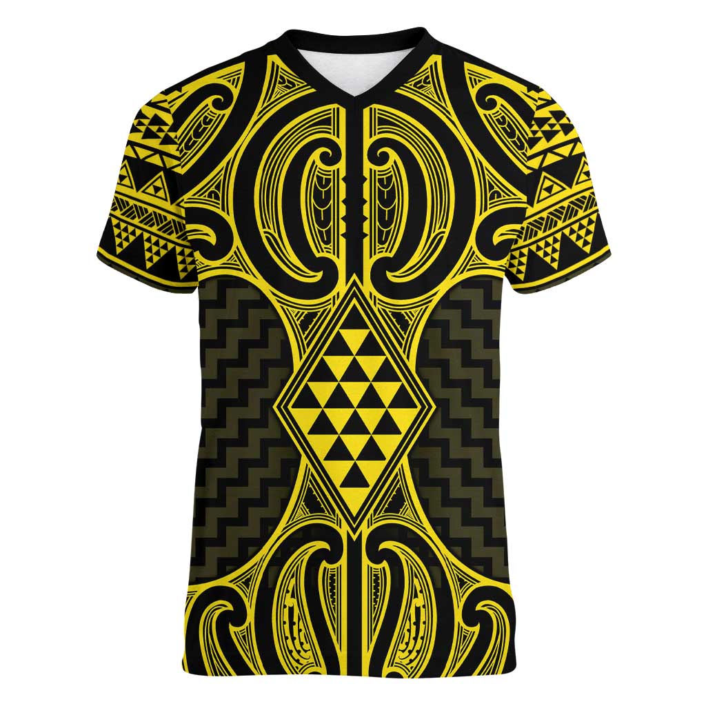 Mahi-dawg Maori Ta Moko Poutama Art Women V-Neck T-Shirt LT9 Female Yellow - Polynesian Pride
