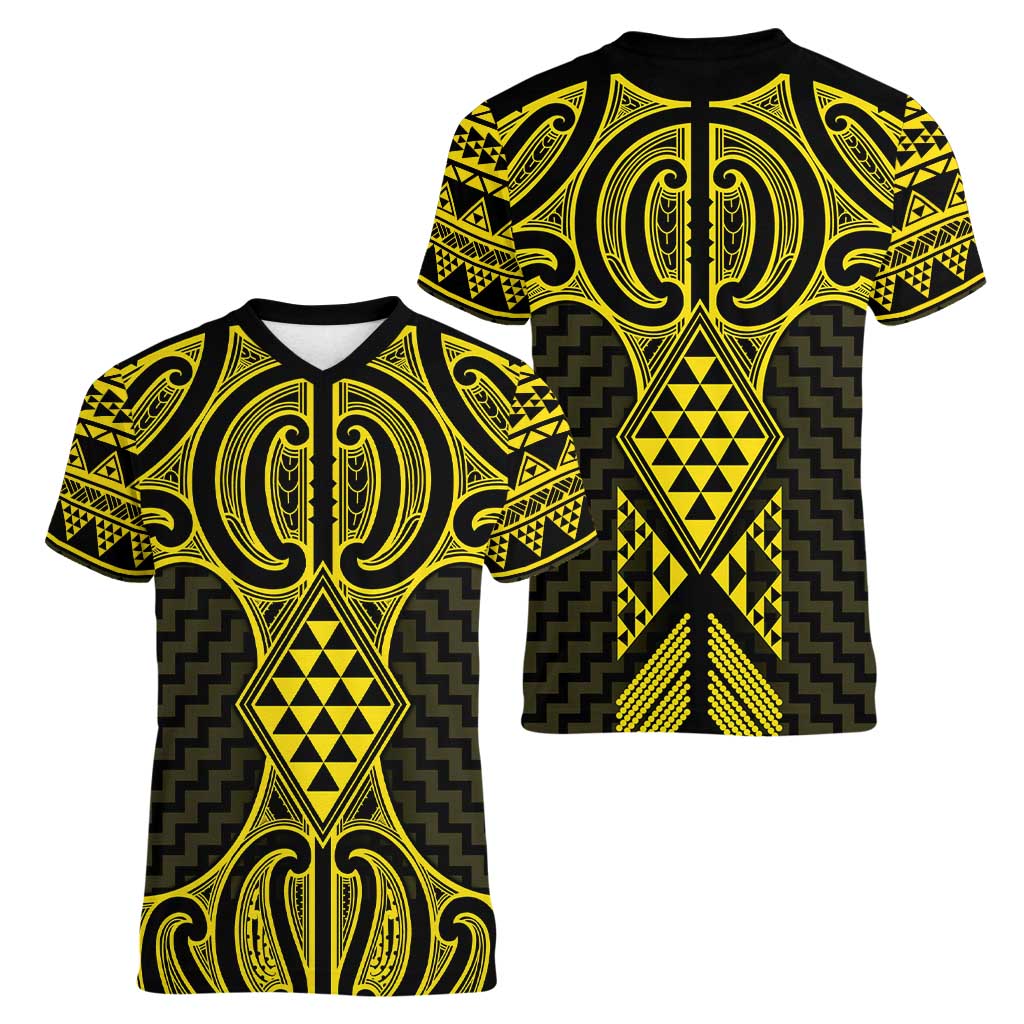 Mahi-dawg Maori Ta Moko Poutama Art Women V-Neck T-Shirt LT9 - Polynesian Pride