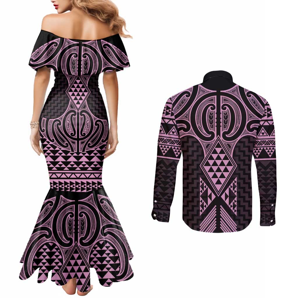 Mawhero Maori Ta Moko Poutama Art Couples Matching Mermaid Dress and Long Sleeve Button Shirt LT9 - Polynesian Pride