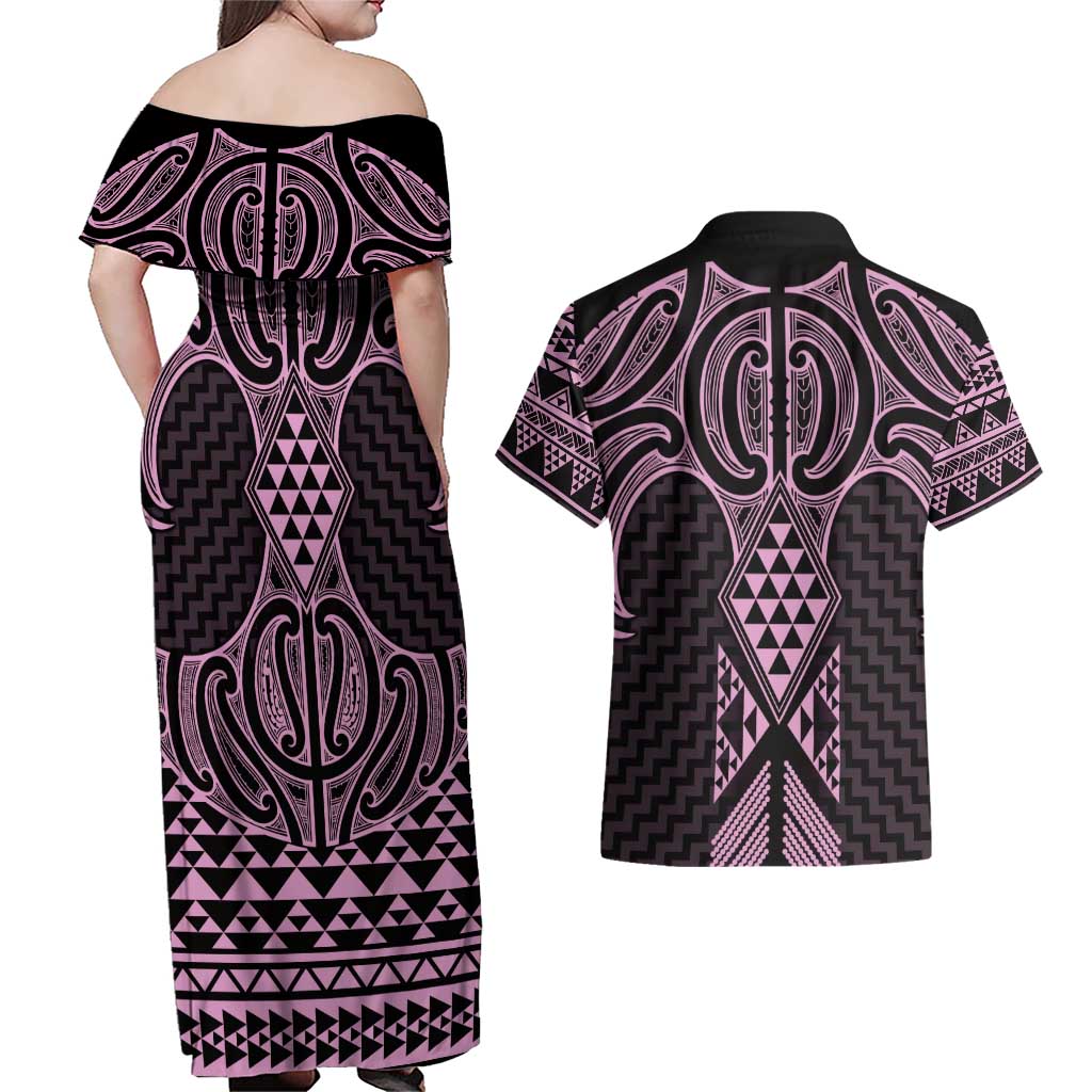 Mawhero Maori Ta Moko Poutama Art Couples Matching Off Shoulder Maxi Dress and Hawaiian Shirt LT9 - Polynesian Pride