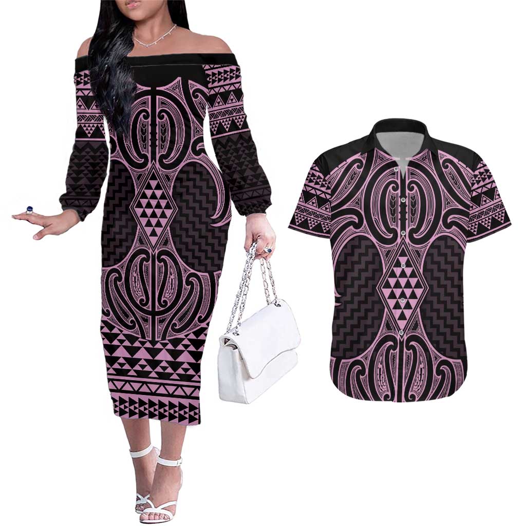 Mawhero Maori Ta Moko Poutama Art Couples Matching Off The Shoulder Long Sleeve Dress and Hawaiian Shirt