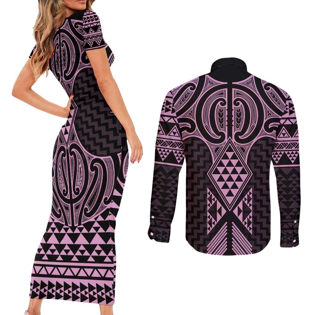 Mawhero Maori Ta Moko Poutama Art Couples Matching Short Sleeve Bodycon Dress and Long Sleeve Button Shirt LT9 - Polynesian Pride