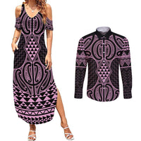 Mawhero Maori Ta Moko Poutama Art Couples Matching Summer Maxi Dress and Long Sleeve Button Shirt LT9 Pink - Polynesian Pride