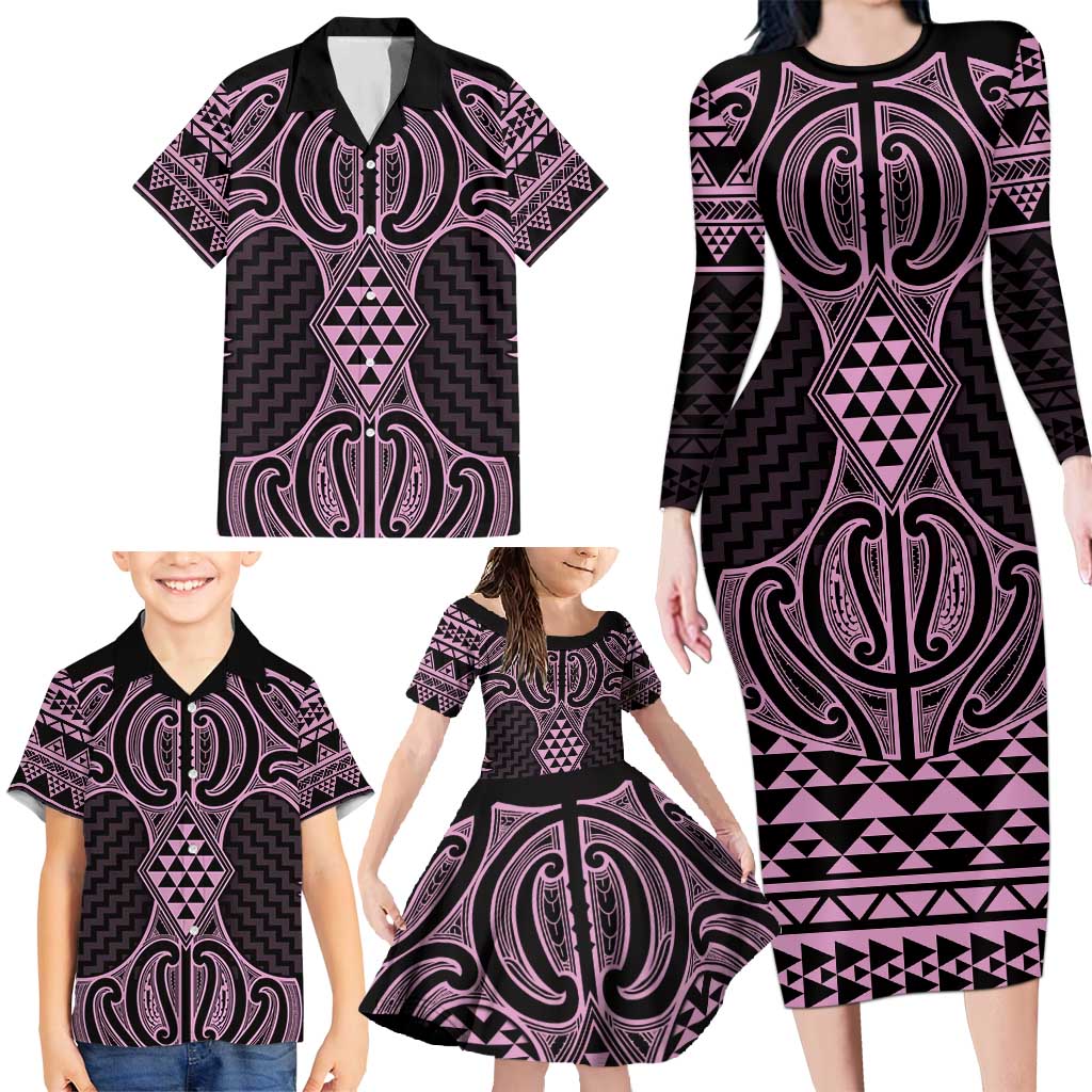 Mawhero Maori Ta Moko Poutama Art Family Matching Long Sleeve Bodycon Dress and Hawaiian Shirt LT9 - Polynesian Pride