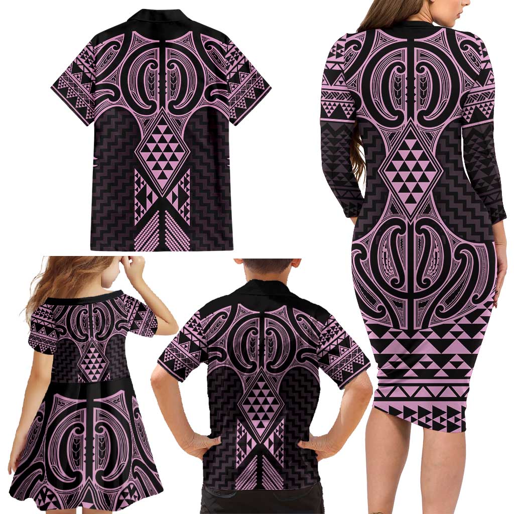 Mawhero Maori Ta Moko Poutama Art Family Matching Long Sleeve Bodycon Dress and Hawaiian Shirt LT9 - Polynesian Pride