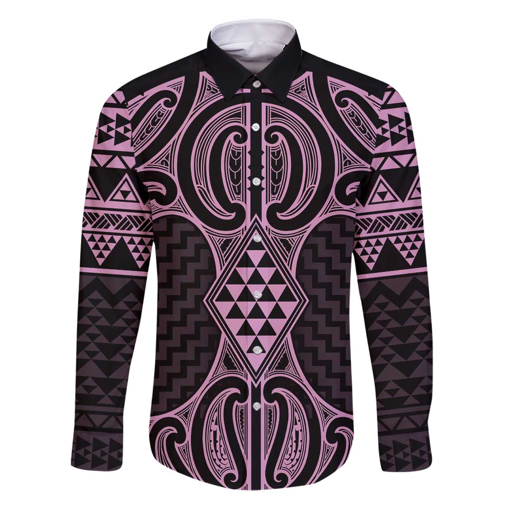 Mawhero Maori Ta Moko Poutama Art Family Matching Mermaid Dress and Hawaiian Shirt LT9 Dad's Shirt - Long Sleeve Pink - Polynesian Pride