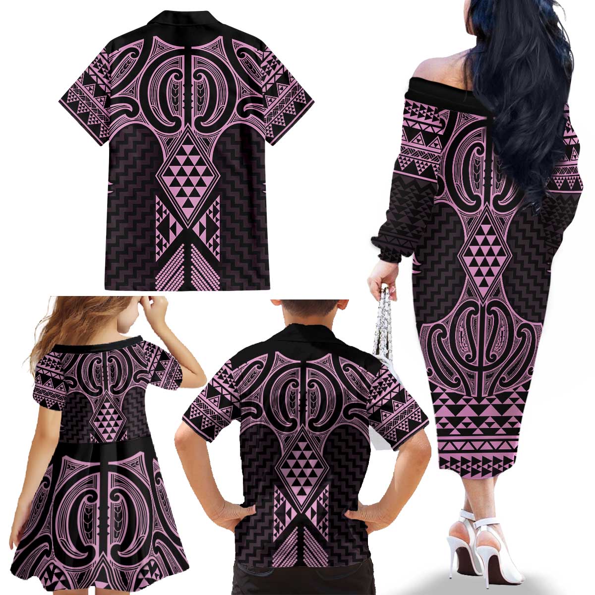 Mawhero Maori Ta Moko Poutama Art Family Matching Off The Shoulder Long Sleeve Dress and Hawaiian Shirt