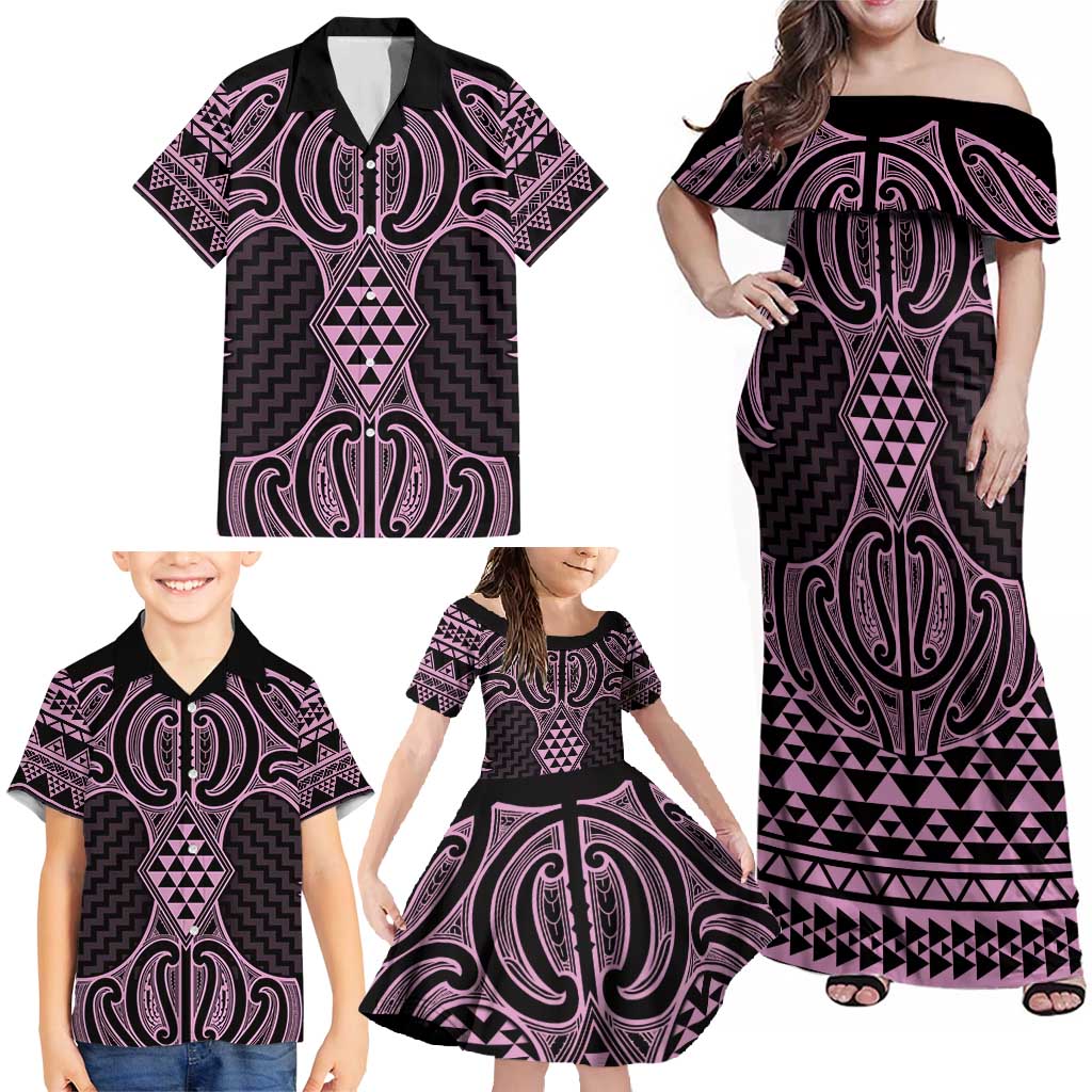Mawhero Maori Ta Moko Poutama Art Family Matching Off Shoulder Maxi Dress and Hawaiian Shirt