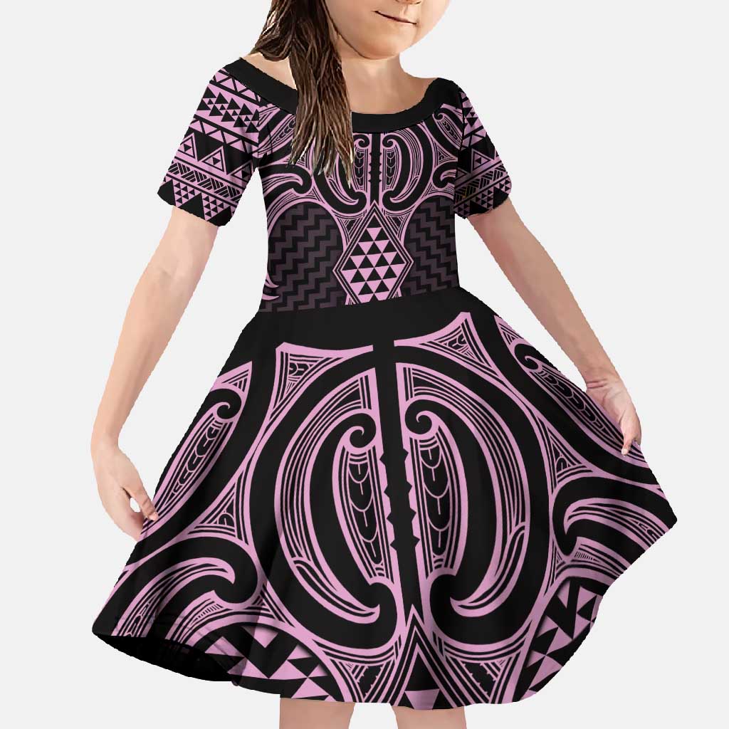 Mawhero Maori Ta Moko Poutama Art Family Matching Short Sleeve Bodycon Dress and Hawaiian Shirt LT9 Daughter's Dress Pink - Polynesian Pride