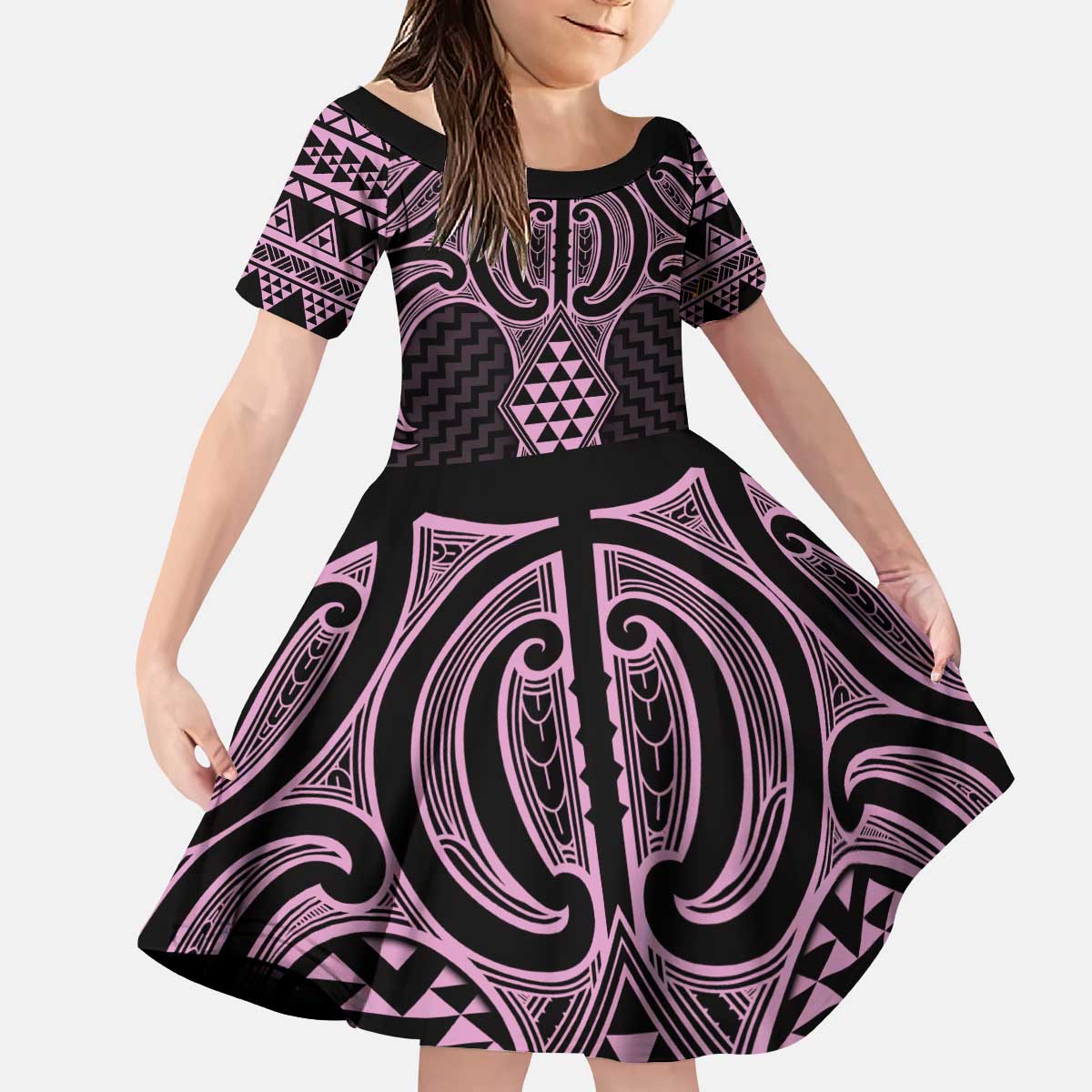 Mawhero Maori Ta Moko Poutama Art Kid Short Sleeve Dress