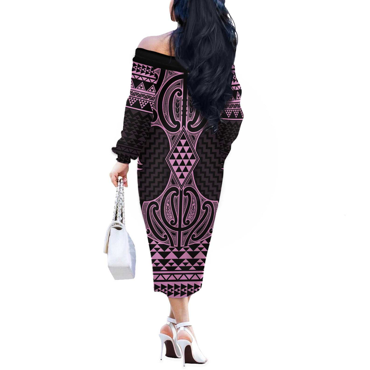 Mawhero Maori Ta Moko Poutama Art Off The Shoulder Long Sleeve Dress