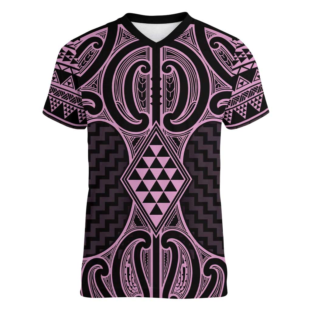Mawhero Maori Ta Moko Poutama Art Women V-Neck T-Shirt LT9 Female Pink - Polynesian Pride