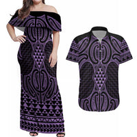 Waiporoporo Maori Ta Moko Poutama Art Couples Matching Off Shoulder Maxi Dress and Hawaiian Shirt LT9 Purple - Polynesian Pride