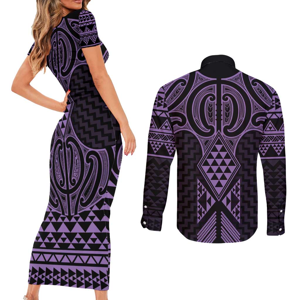 Waiporoporo Maori Ta Moko Poutama Art Couples Matching Short Sleeve Bodycon Dress and Long Sleeve Button Shirt LT9 - Polynesian Pride