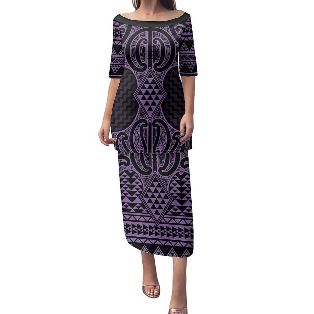 Waiporoporo Maori Ta Moko Poutama Art Family Matching Puletasi and Hawaiian Shirt LT9 Mom's Dress Purple - Polynesian Pride