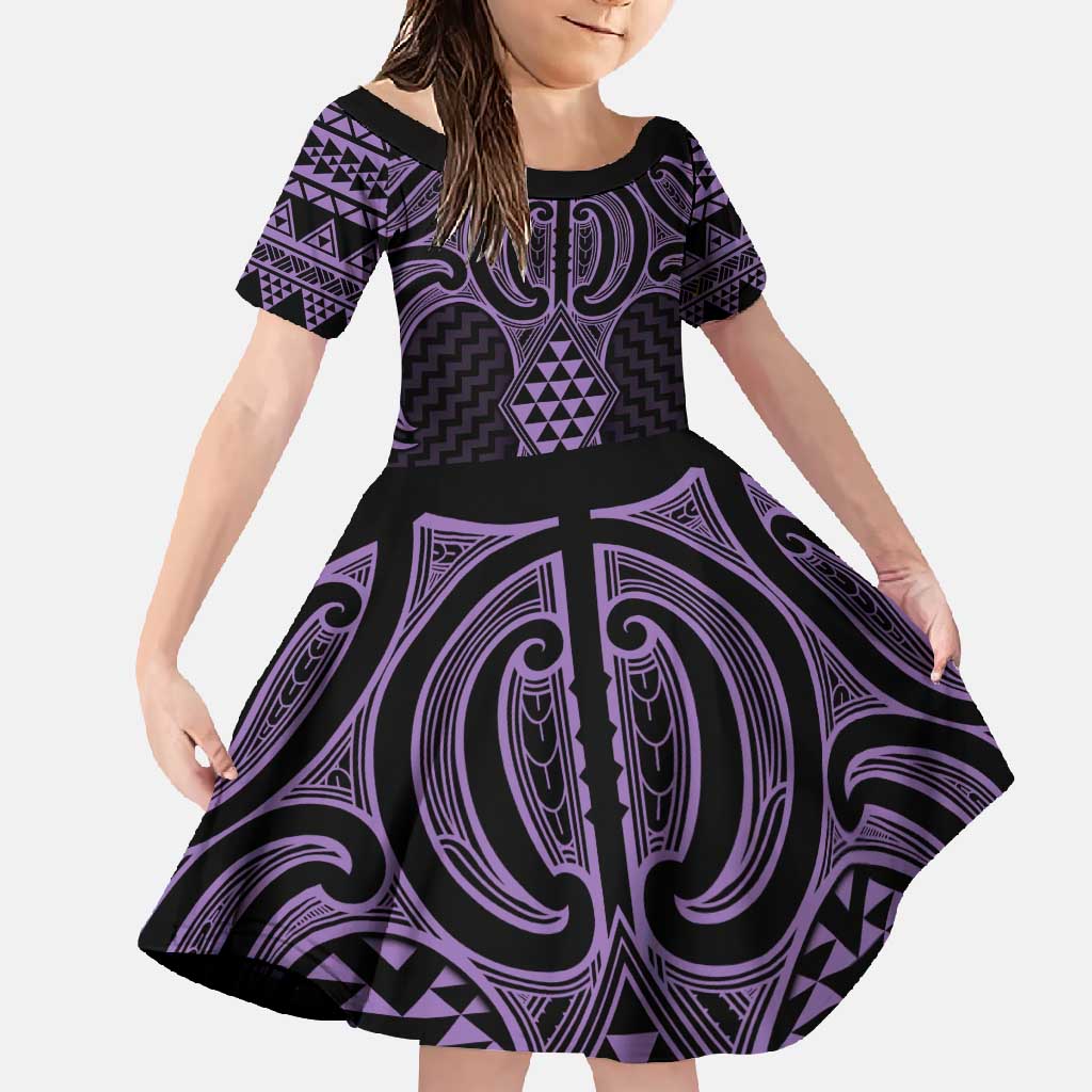 Waiporoporo Maori Ta Moko Poutama Art Family Matching Summer Maxi Dress and Hawaiian Shirt LT9 Daughter's Dress Purple - Polynesian Pride